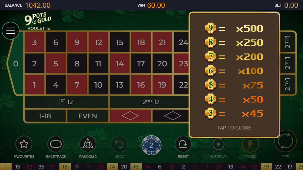 9 pots of gold roulette Multiplier drop down feature