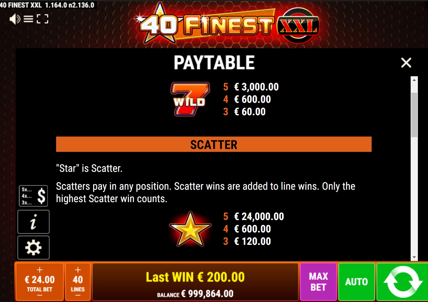 40 Finest XXL Slot Paytable