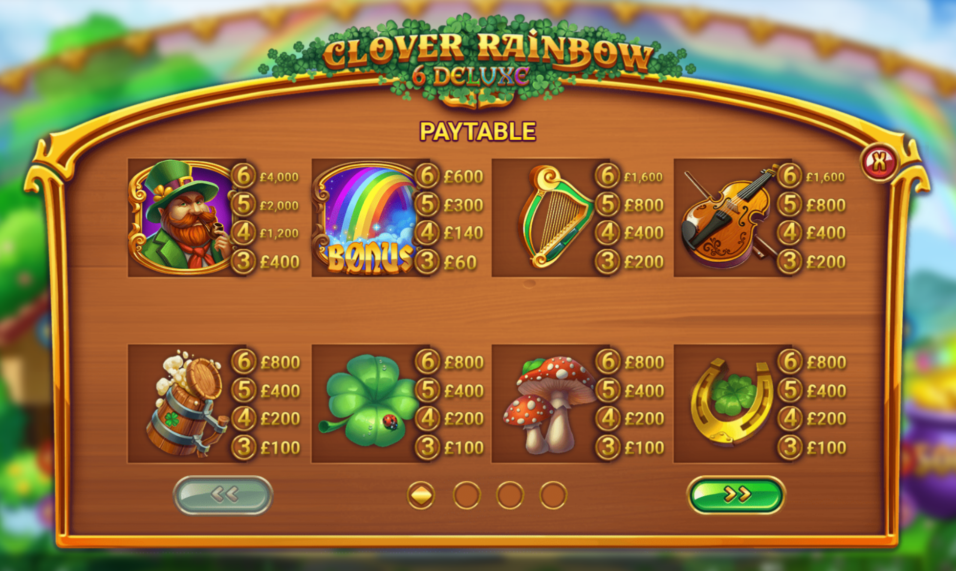 Clover the Rainbow 6 Deluxe Slot paytable