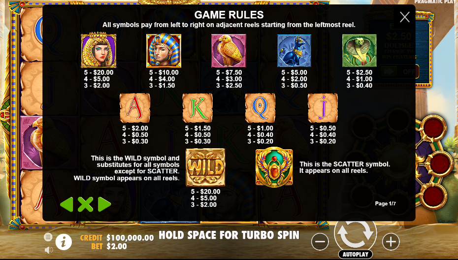 Eye of Cleopatra Slot Paytable