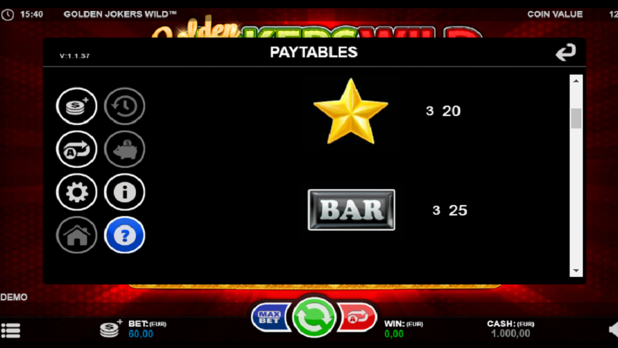 Golden Jokers Wild Slot paytable