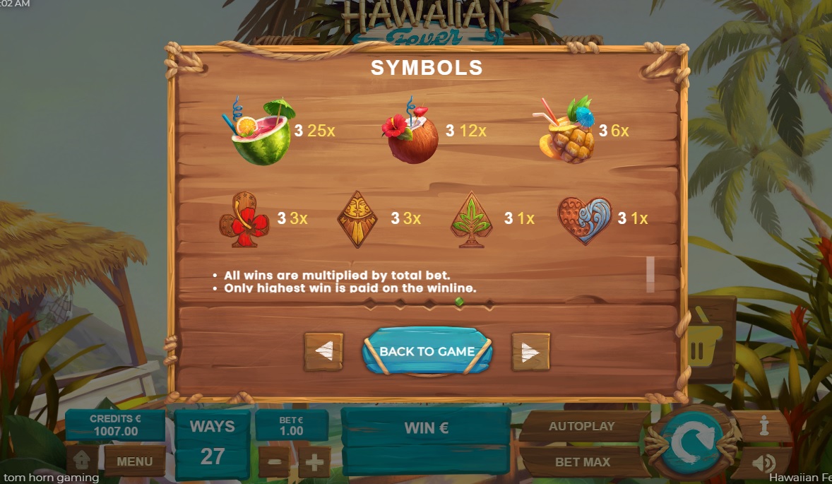 Hawaiian Fever Slot paytable