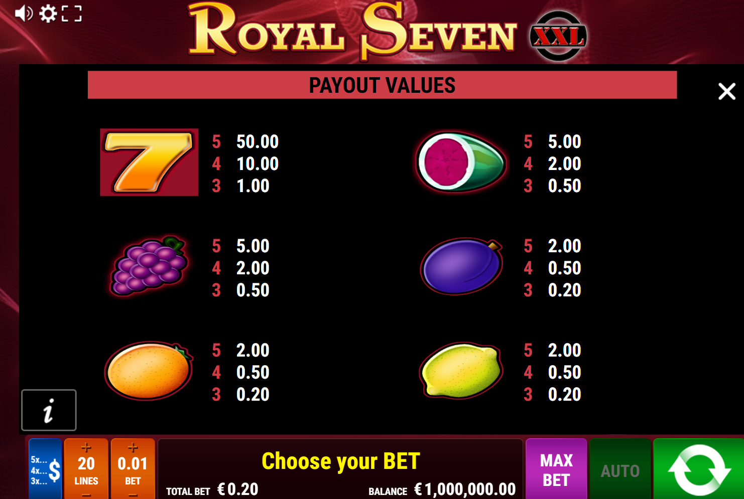 Royal Seven XXL Slot paytable