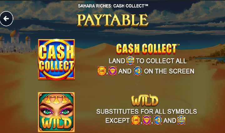 Sahara Riches Cash Collect Slot paytable