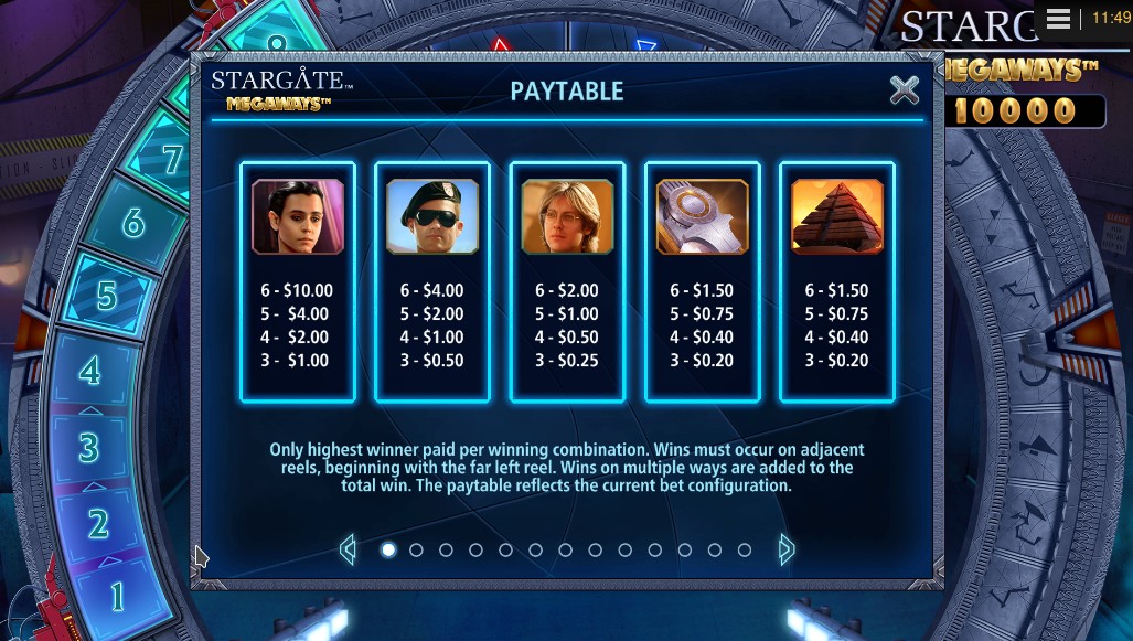 Stargate Megaways Slot Paytable