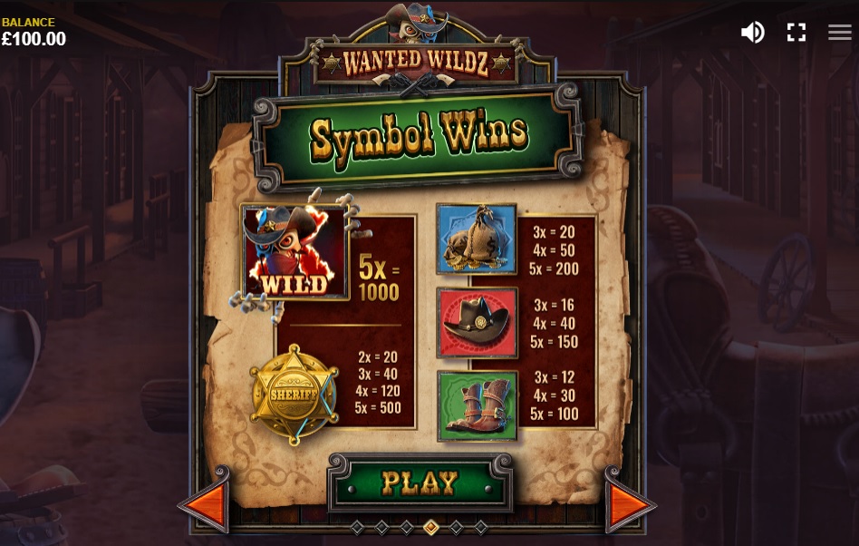 Wanted Wildz slot paytable