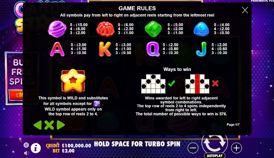 Candy Stars Slot Paytable