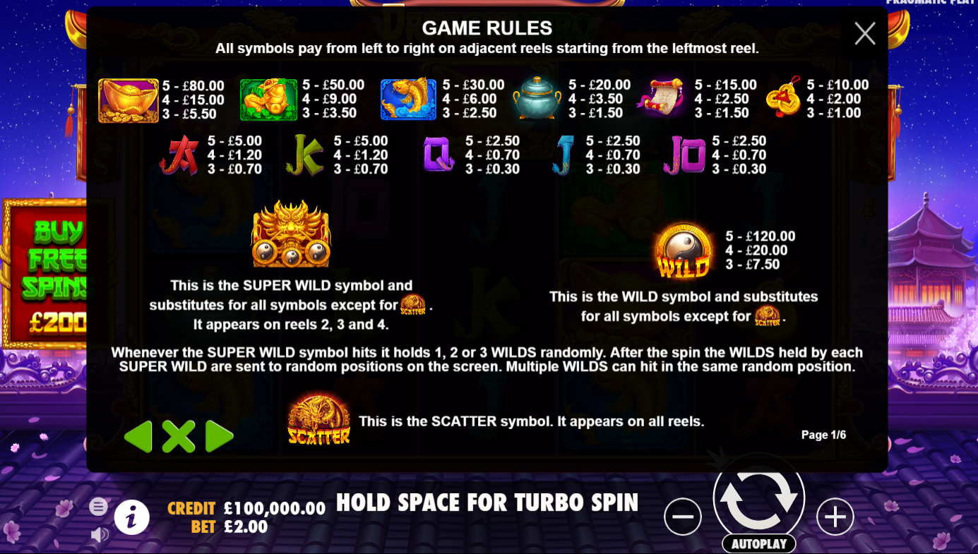 Dragon Hero slot paytable