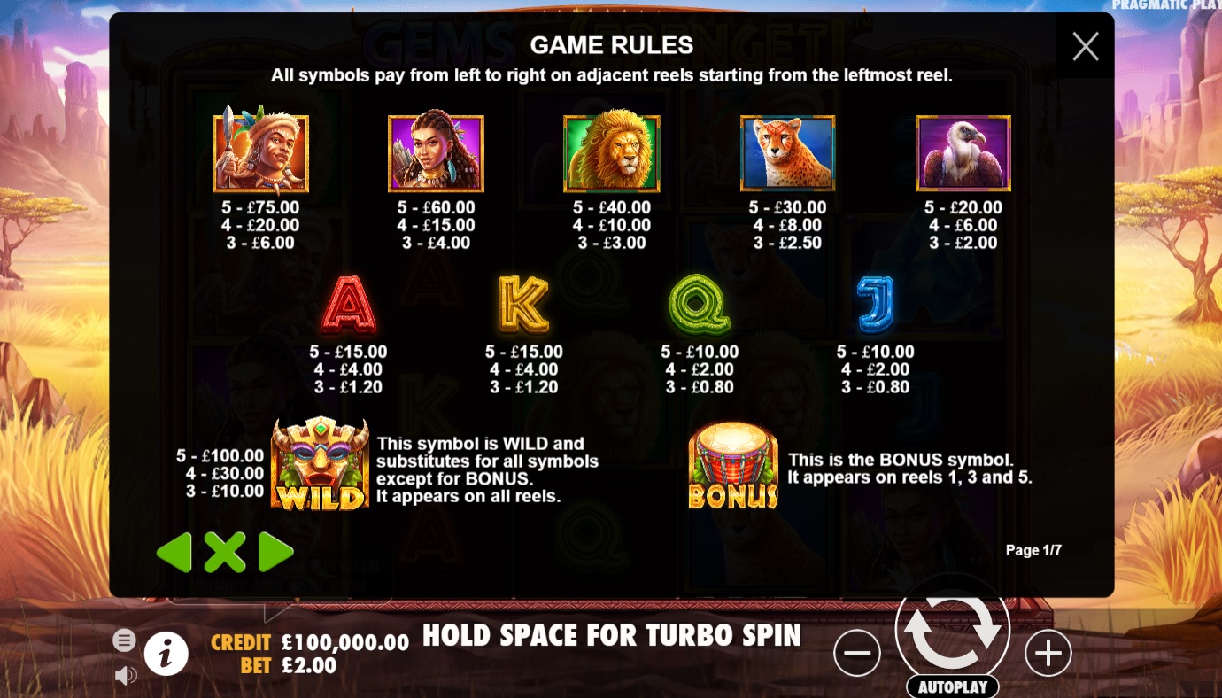 Gems of Serengeti slot game rules