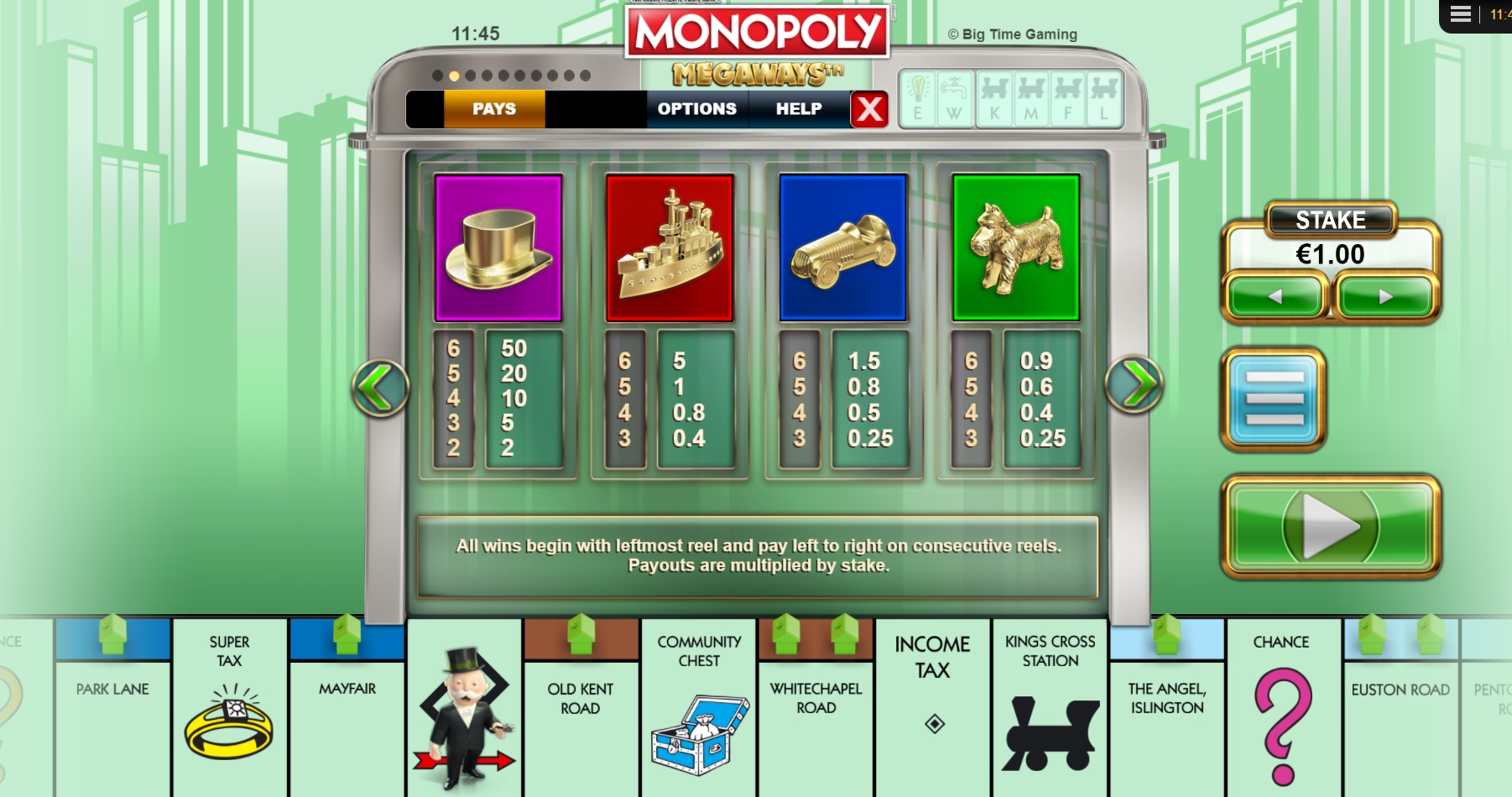 Monopoly Megaways Slot paytable