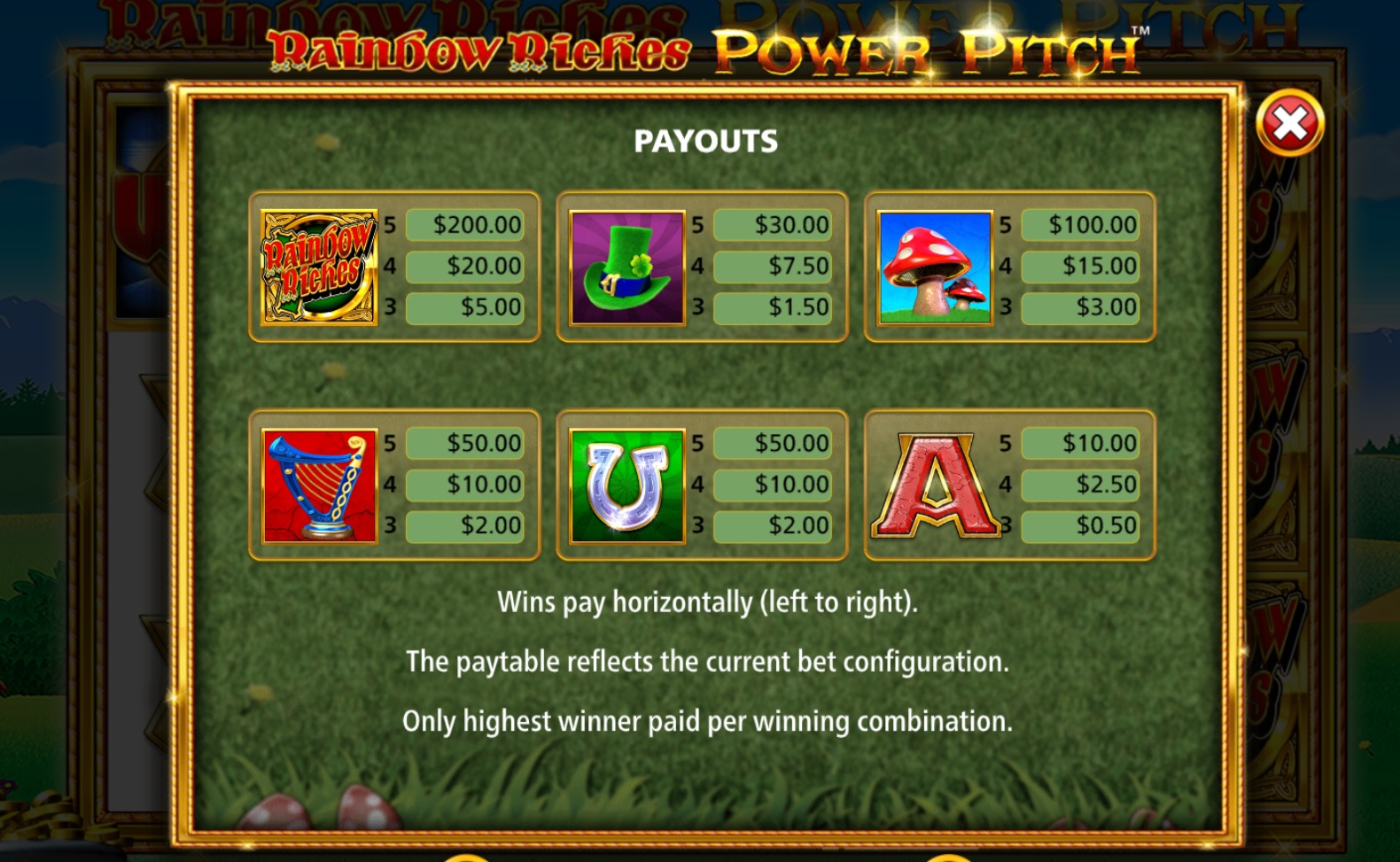 Rainbow riches power pitch paytable