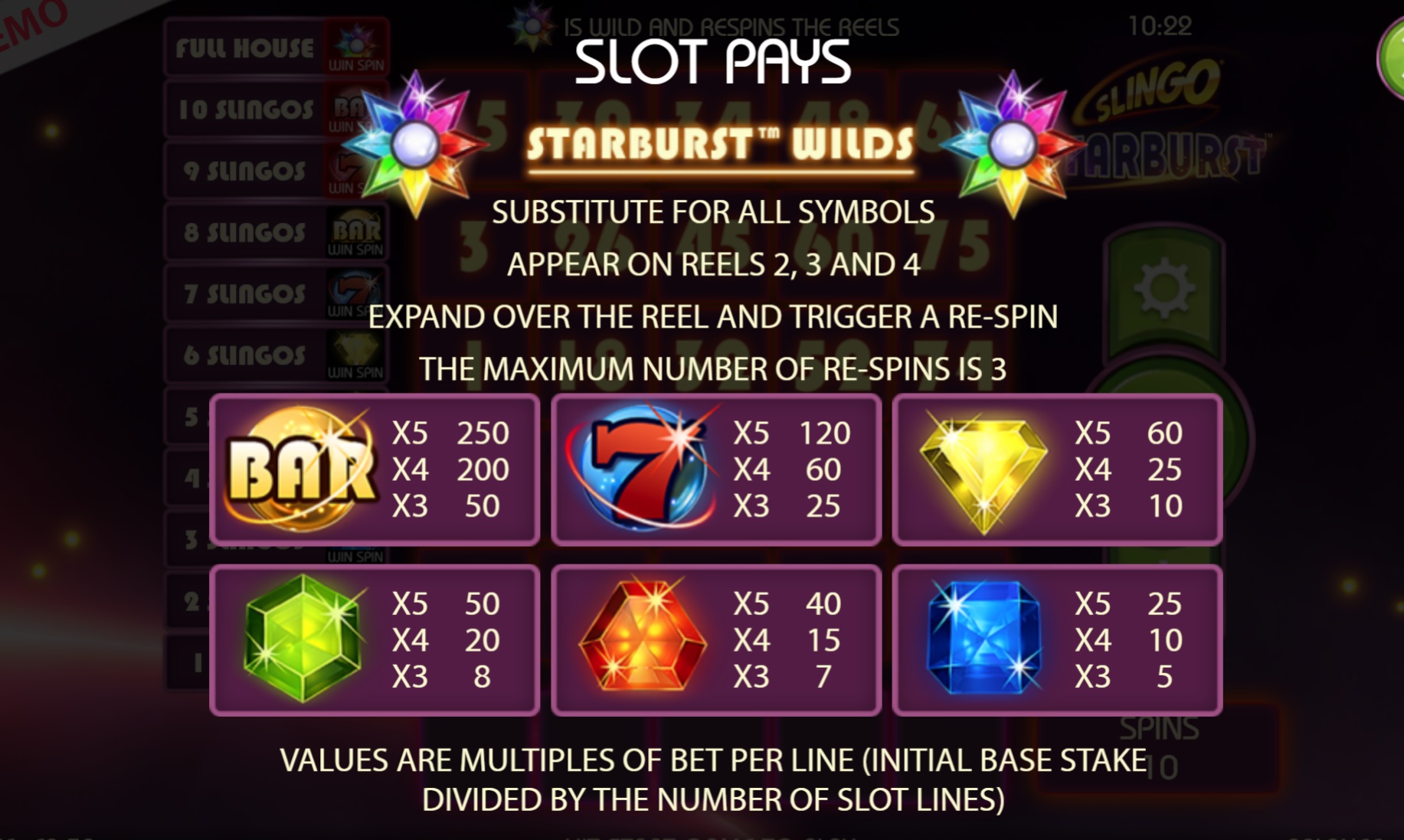 Slingo Starburst Slot Paytable